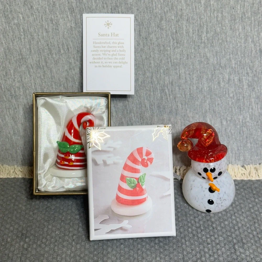 Handcrafted Glass Santa Hat and Snowman Figurine Set Holiday Decor Red White